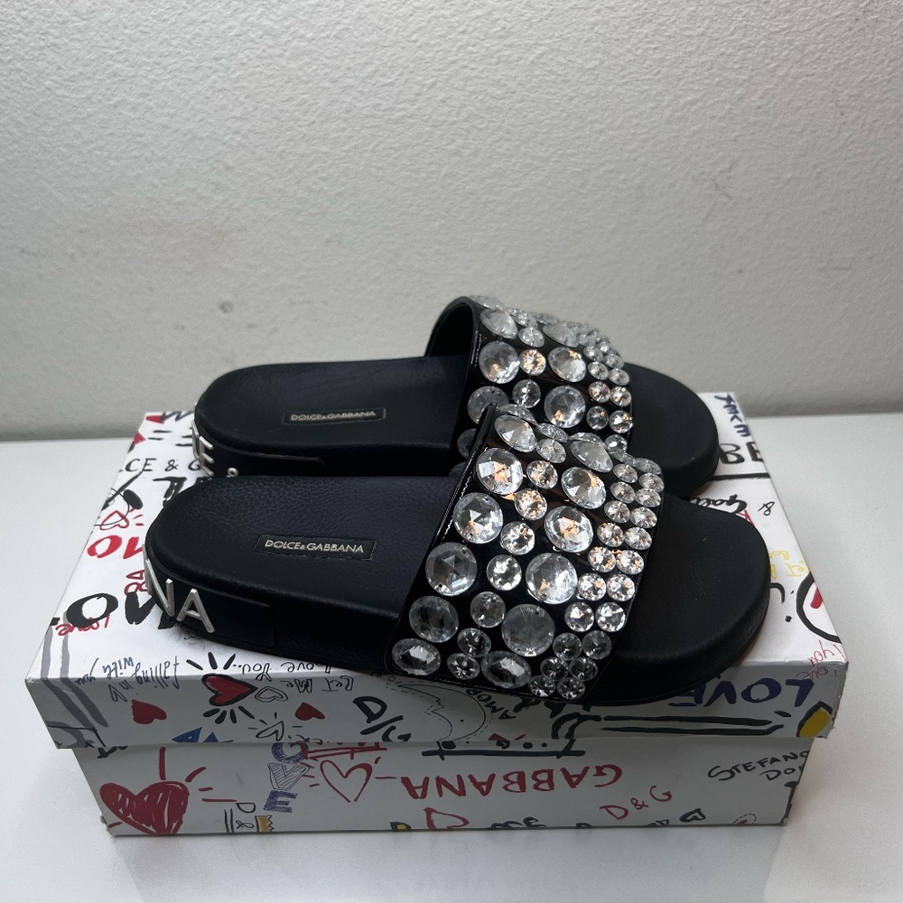 Dolce & Gabbana Crystal Embellished Open-Toe Slides Size 7